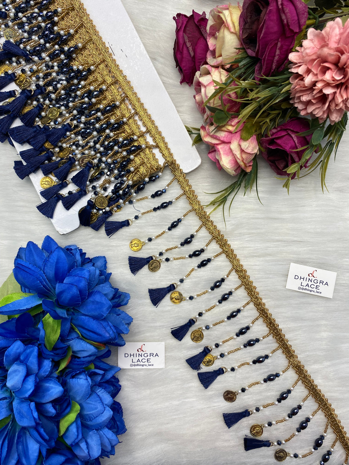 Coloured Beads With Coins Or Tassels Hanging Lace 3.5 inches broad (3 Meters) 271026