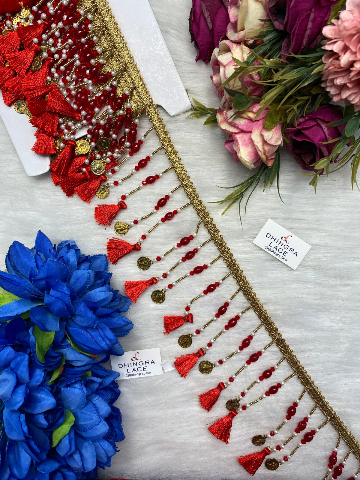Coloured Beads With Coins Or Tassels Hanging Lace 3.5 inches broad (3 Meters) 271026