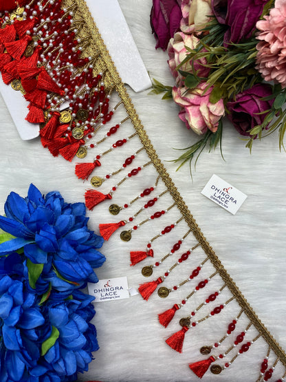 Coloured Beads With Coins Or Tassels Hanging Lace 3.5 inches broad (3 Meters) 271026