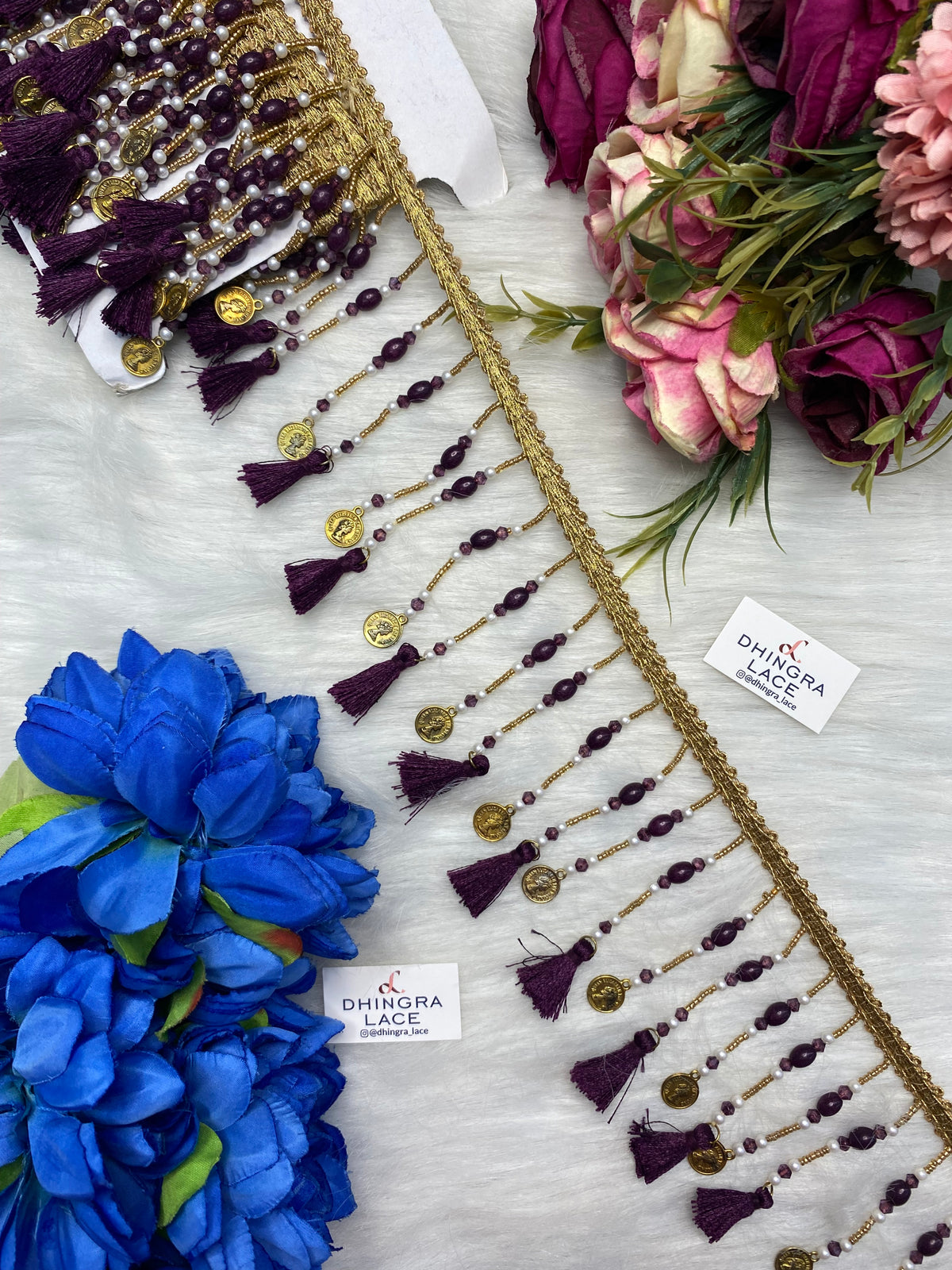 Coloured Beads With Coins Or Tassels Hanging Lace 3.5 inches broad (3 Meters) 271026