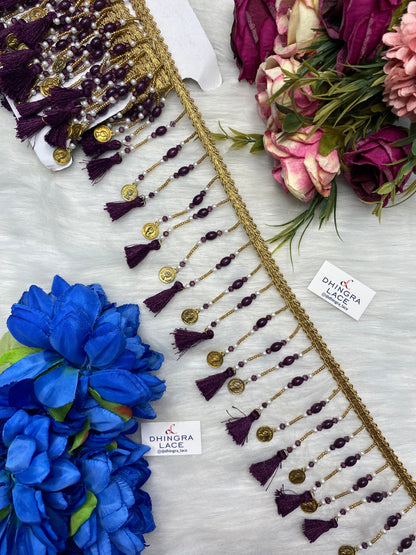 Coloured Beads With Coins Or Tassels Hanging Lace 3.5 inches broad (3 Meters) 271026