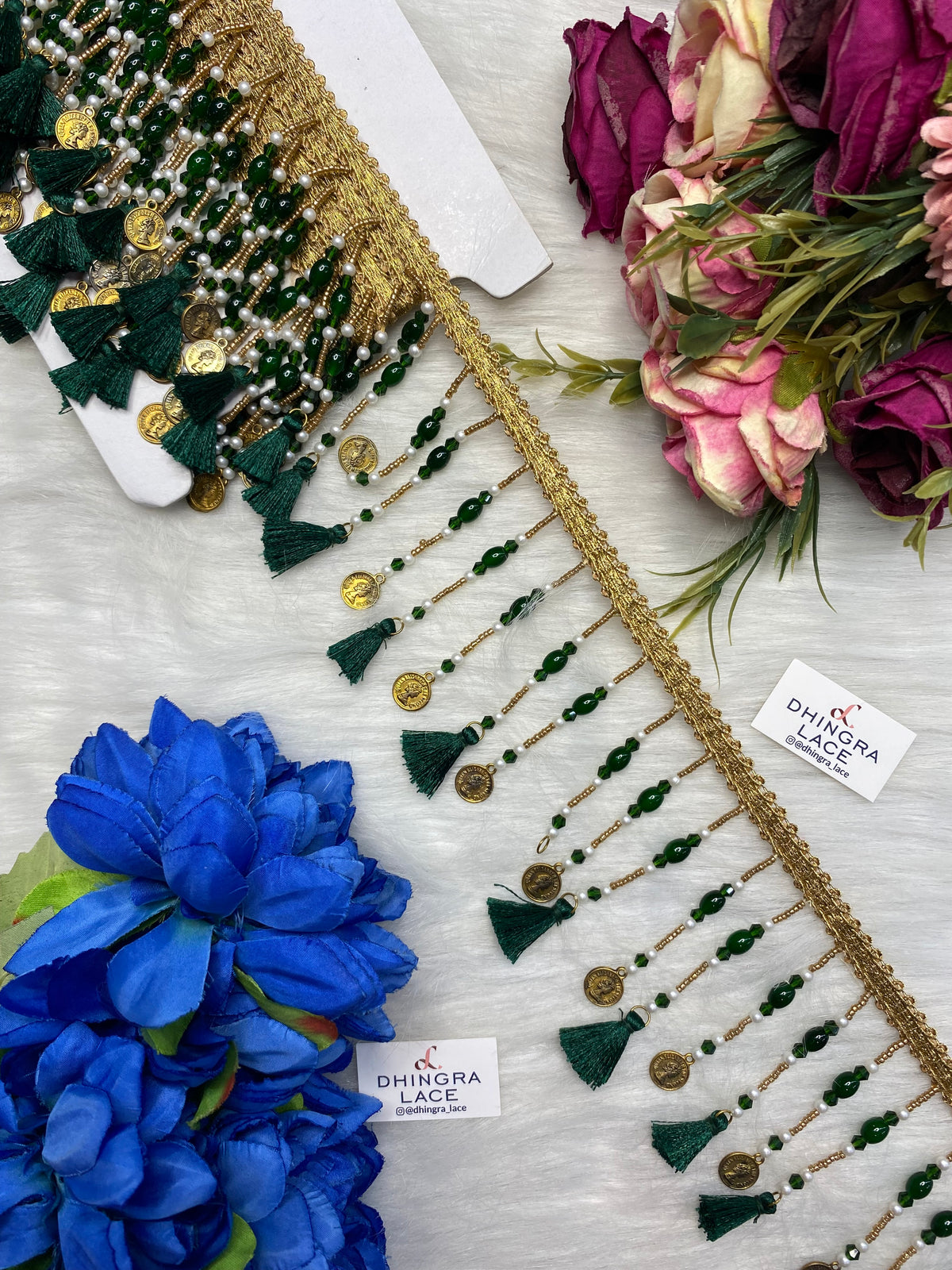 Coloured Beads With Coins Or Tassels Hanging Lace 3.5 inches broad (3 Meters) 271026
