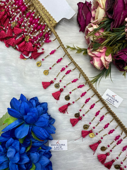 Coloured Beads With Coins Or Tassels Hanging Lace 3.5 inches broad (3 Meters) 271026